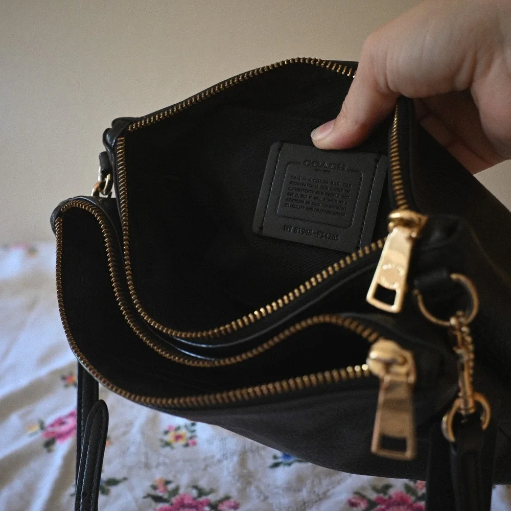 Coach Black Pebbled Leather Double Zip Crossbody Bag Gold Hardware